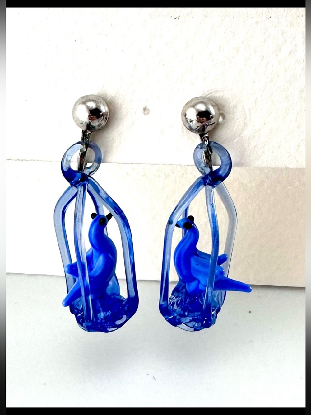 Vintage Blown Glass Caged Bird Clip On Earrings Cobalt Blue Novelty